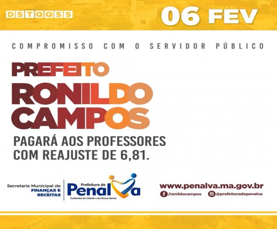 O PREFEITO RONILDO CAMPOS PAGARÁ PROFESSORES COM REAJUSTE DE 6.81%.